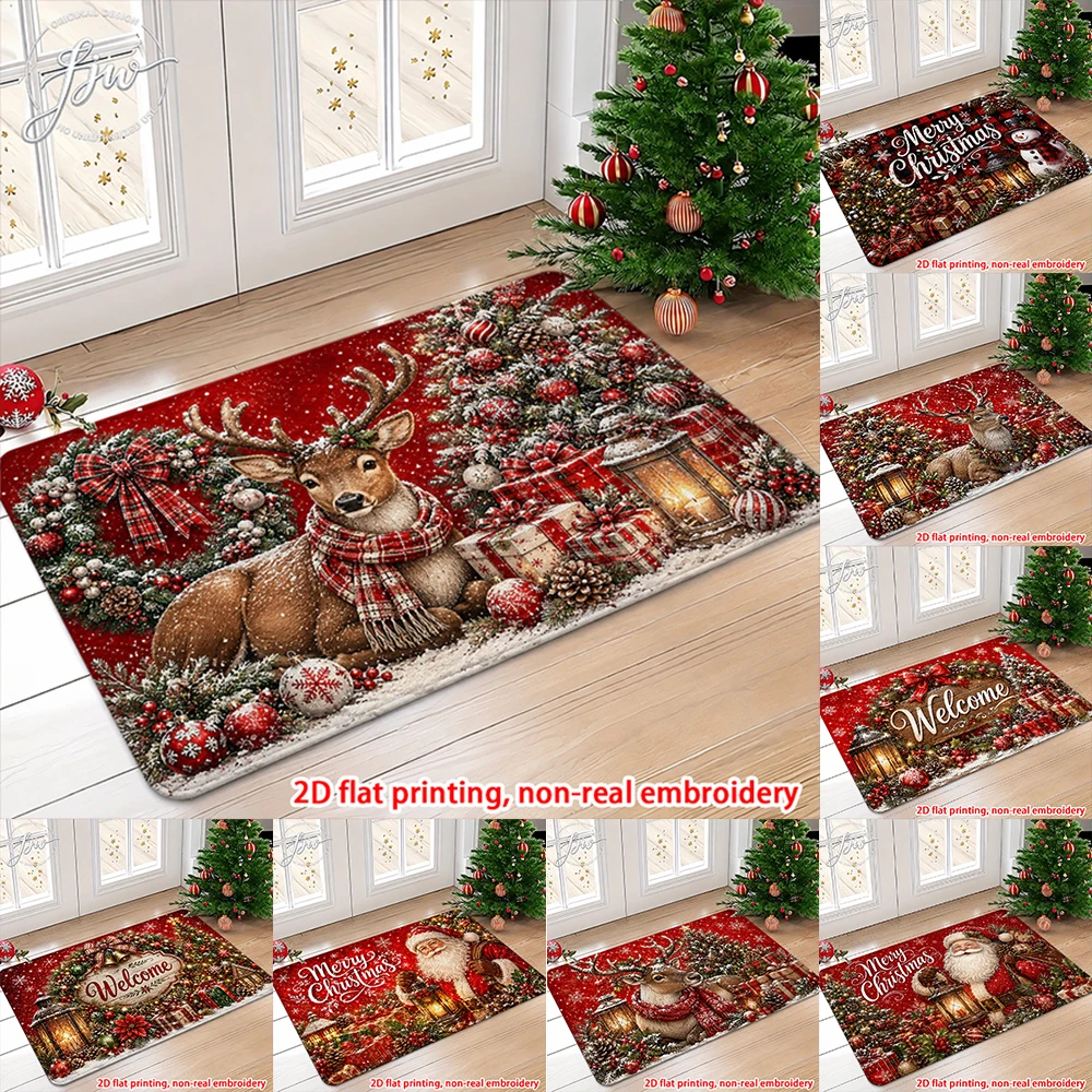 1pcs Christmas Welcome Door Mat, Vintage Xmas Reindeer Santa Snowman Design Non slip Floor Rug for Holiday Home Decor