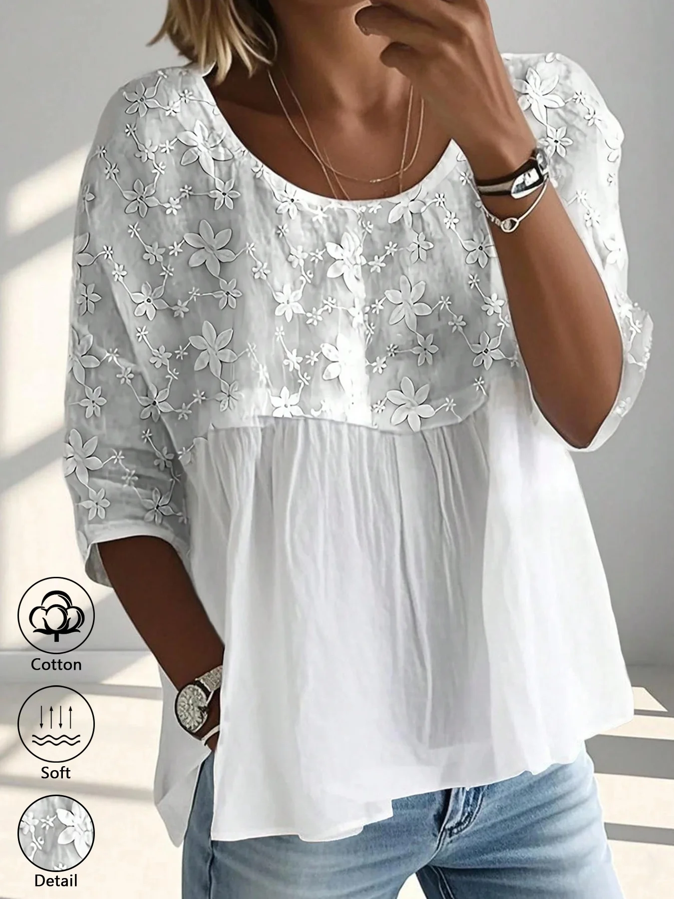 Women's Minimalist 100% Cotton Short-Sleeve Top Featuring a Round Neck and Jacquard Paneling—an Elegant, Stylish Choice.