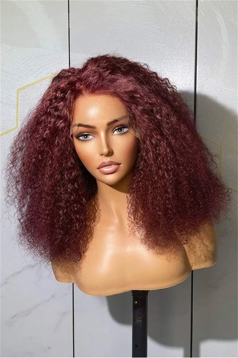 부드러운 프리플러크 버건드 킨키 곱슬 180 밀도, 흑인 여성용 긴 레이스 프론트 가발, 킨키 곱슬 베이비 헤어, 자연스러운 헤어 라인, 26 인치