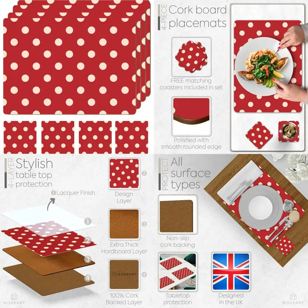 

Heat Resistant Cork Placemats and Drink Coasters Set, Cream & Red Polka Dot Design for Dining Tables