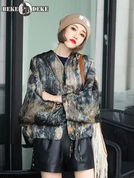 Spring New Vintage Floral Printed Women Sheepskin Genuine Leather Jacket Loose Fit Batwing Sleeve Reversible Coat Outwear Cloak