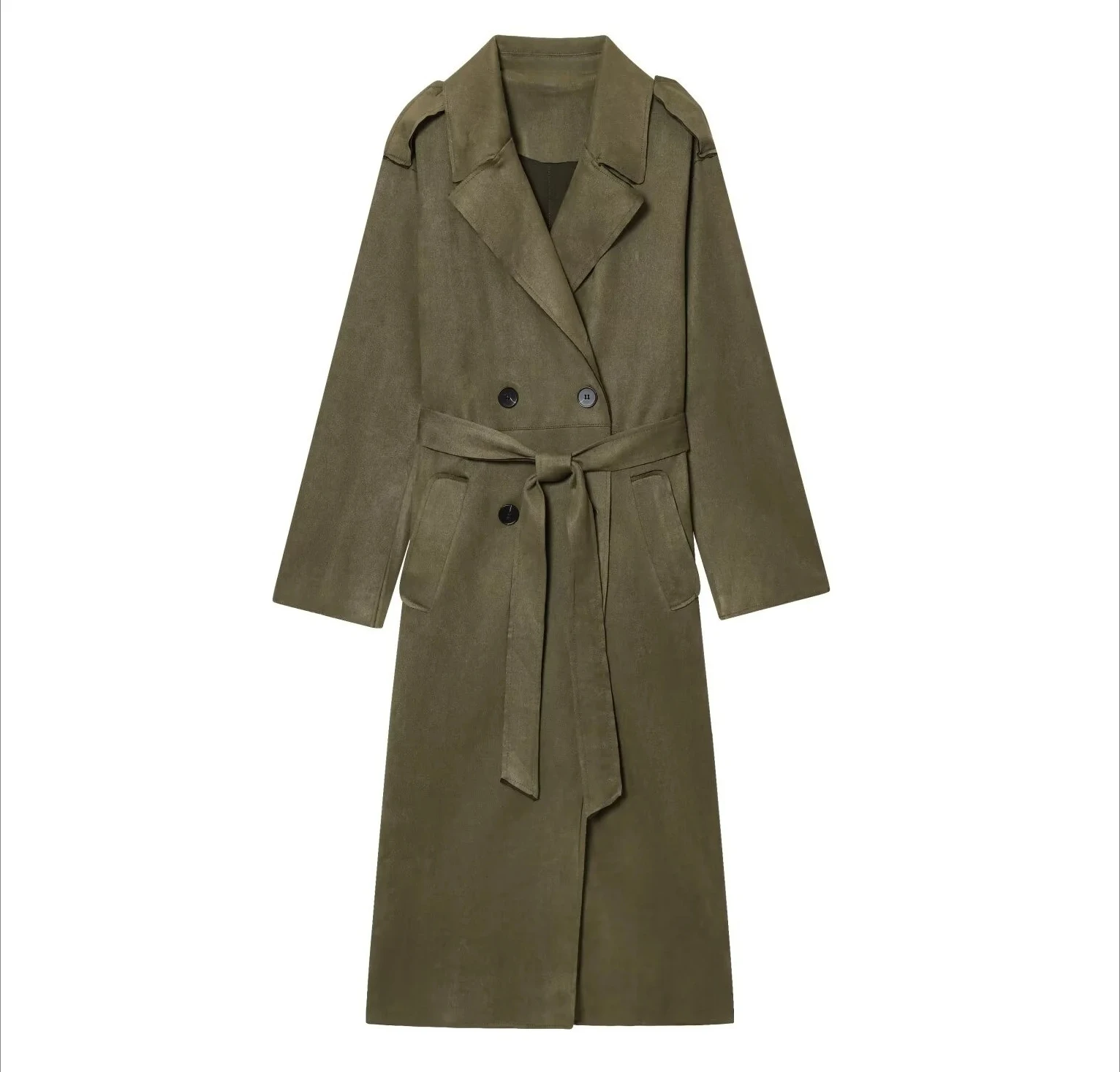

2025 Winter New Women'sDouble-Breasted Casual Fashionable Simple Lapel Long Trench CoatBelt and Suede