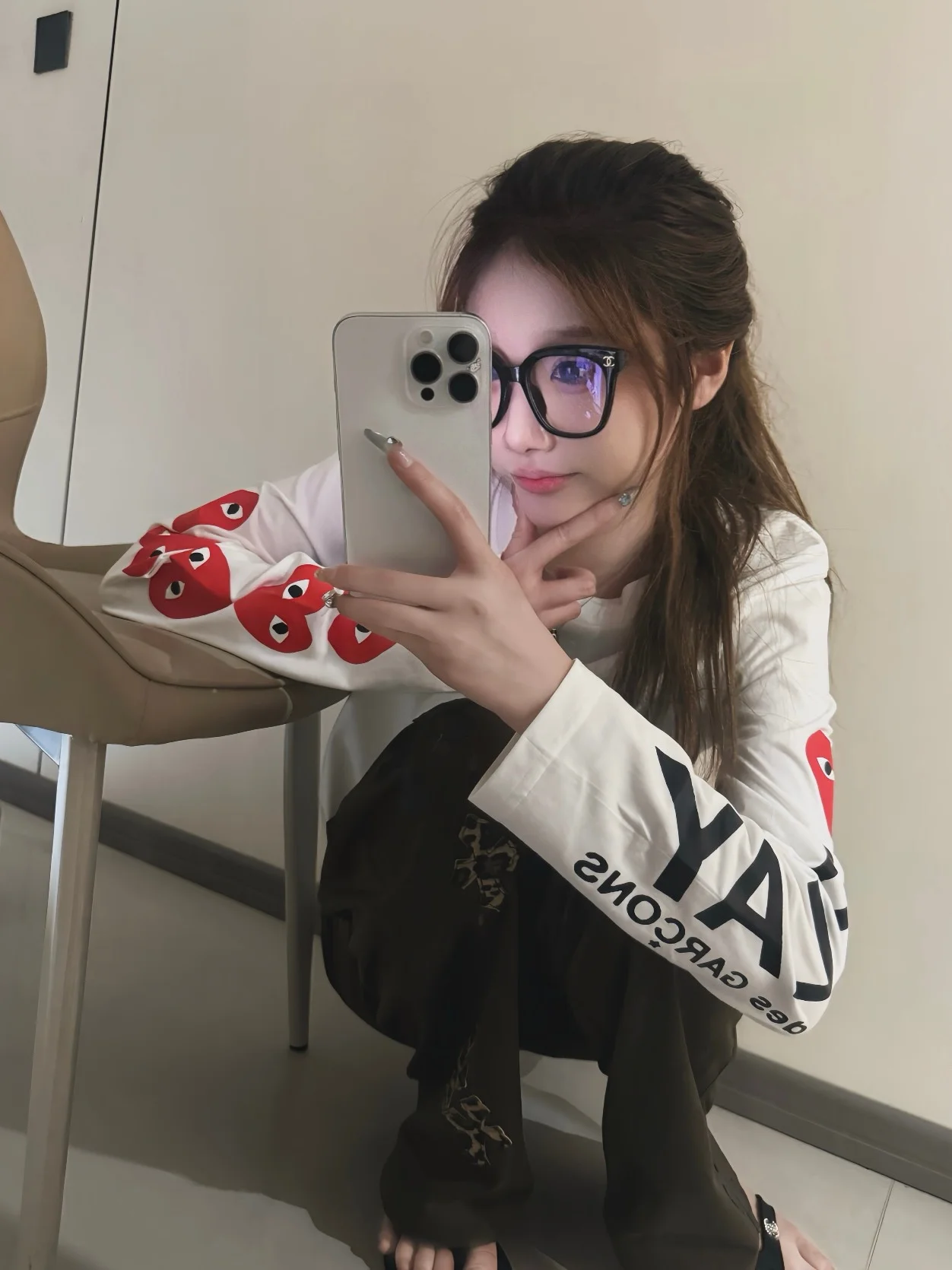تي شيرت نسائي بأكمام طويلة وطباعة قلب بأسلوب أمريكي عتيق، فضفاض بأسلوب كسول، مقاس كبير، قطن عادي برقبة مستديرة