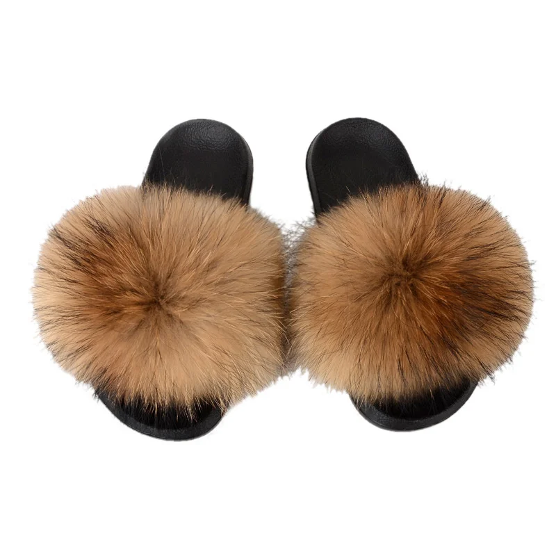 Summer Fur Slides for Women Real Fox Fur Slippers Furry Sandals Luxury Designer Non-Slip Flat Outdoor Female Shoes EVA Soft Sole