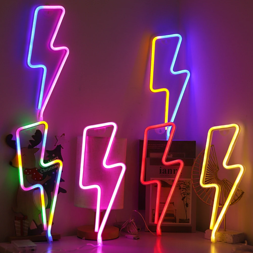 LED Neon Sign Lightning Shaped Wall Night Light USB Battery Operated For Home Bedroom Party Wedding Decor Wall Table Lamp