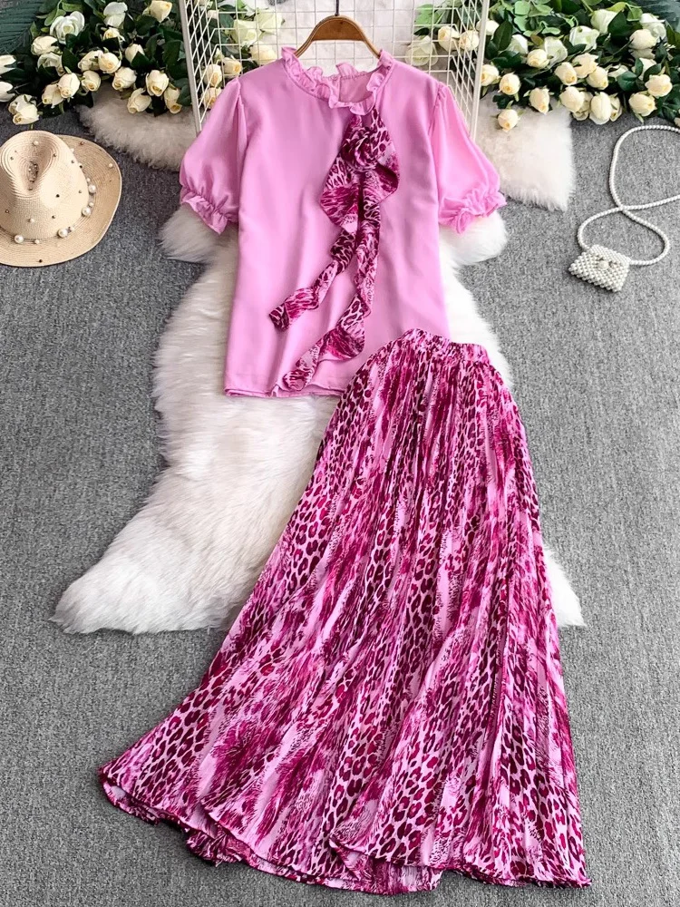 

Summer Vintage Women Two Piece Set Elegant Ruffle O-Neck Puff Sleeve Blouse + High Waist Leopard Draped Long Skirt Suit 2Pcs New