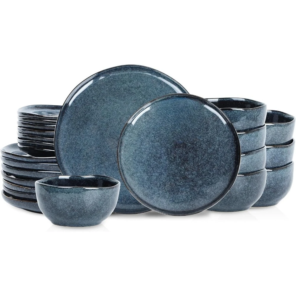 

24-piece Stoneware Dinnerware Set, Service For 8 – Reactive Glaze, Deep Blue – Includes Dinner Plates, Salad Plates,