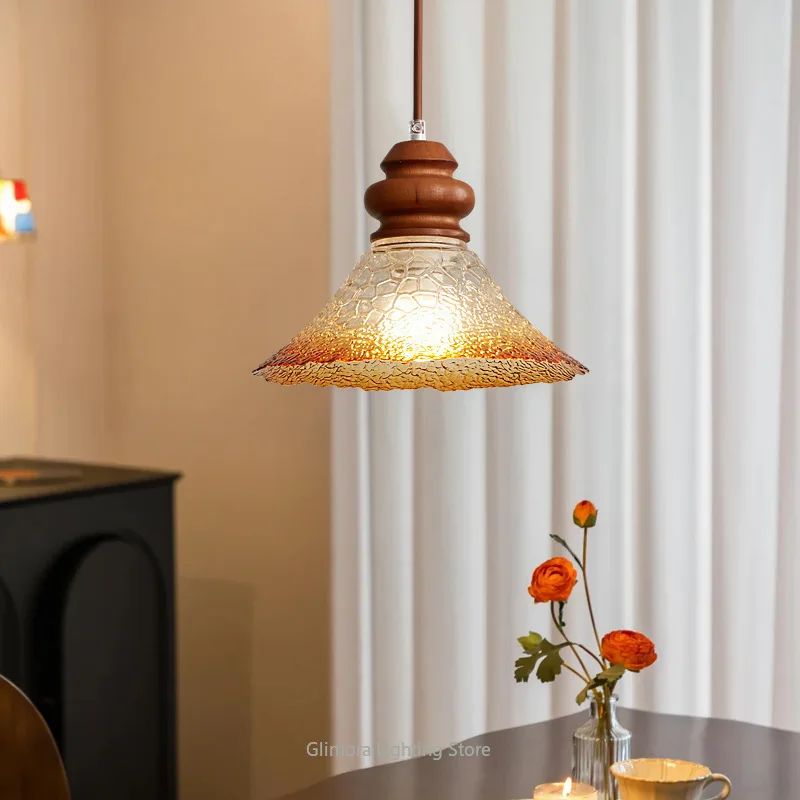 

Vintage Bedside Pendant Light - Retro Walnut & Stained Glass for Bedroom & Airbnb Home Room Decor Wall Light Led Lamp