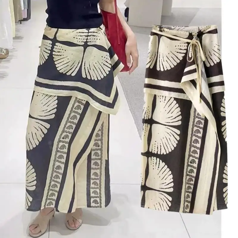 Maxdutti Design-printed Midi Skirt For Women's Skirt Woman Clothing Faldas Skirts Scarf-wrapped Linen Charming Midi Skirt Woman