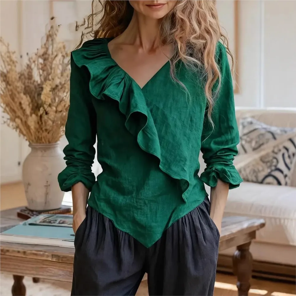 

Женская блузка с длинным рукавом и V-образным вырезом, модная, с рюшами, для офиса и повседневной носки, коллекция 2026