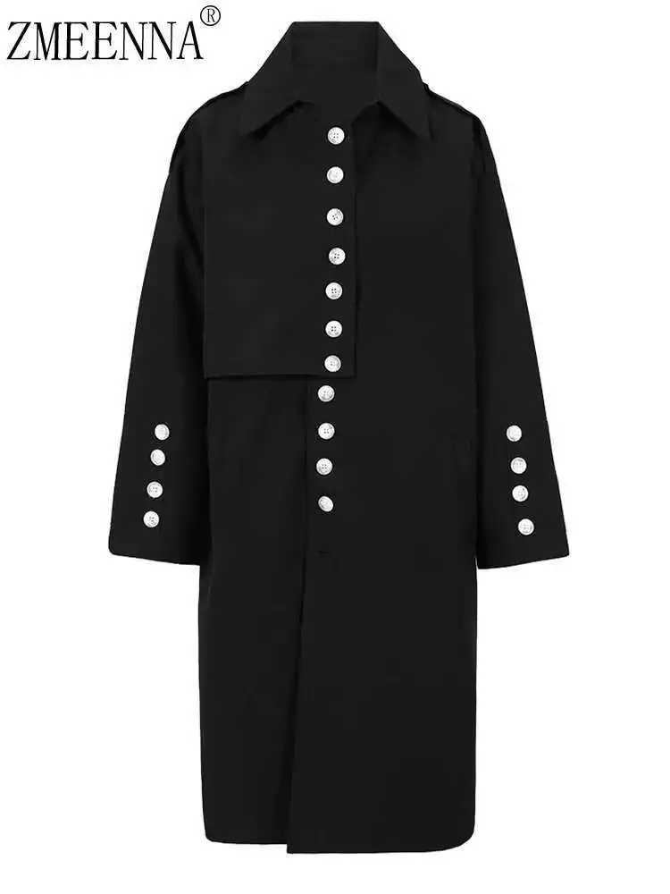 

ZMEENNA Black Button Color-block Big Size Trench Women New Lapel Long Sleeve Windbreaker Fashion Tide Spring Autumn 2024 ZM243