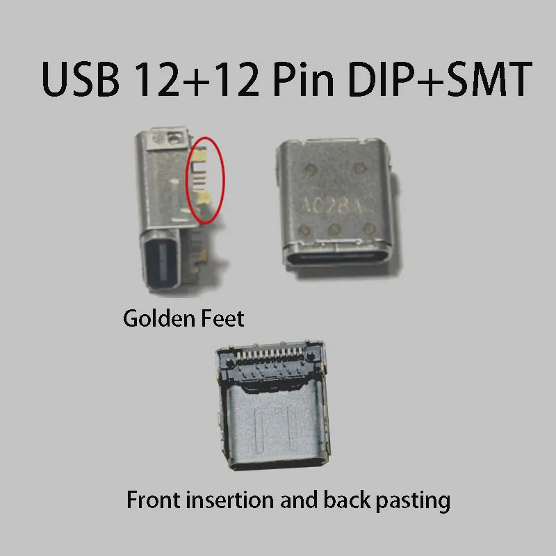 1PC USB 24Pin 24P Type-C Female Connector DIP SMT 12+12 Pin Gold-plated Pin With Fixed Position Type C Tail Plug Charging Port