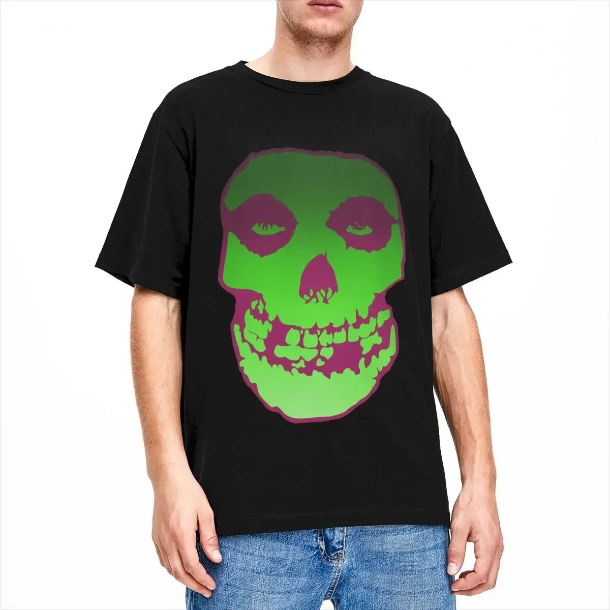 Men T-Shirt Misfits Glow Skull Vintage Cotton Tee Shirt Short Sleeve T Shirt Crewneck Clothes Printing