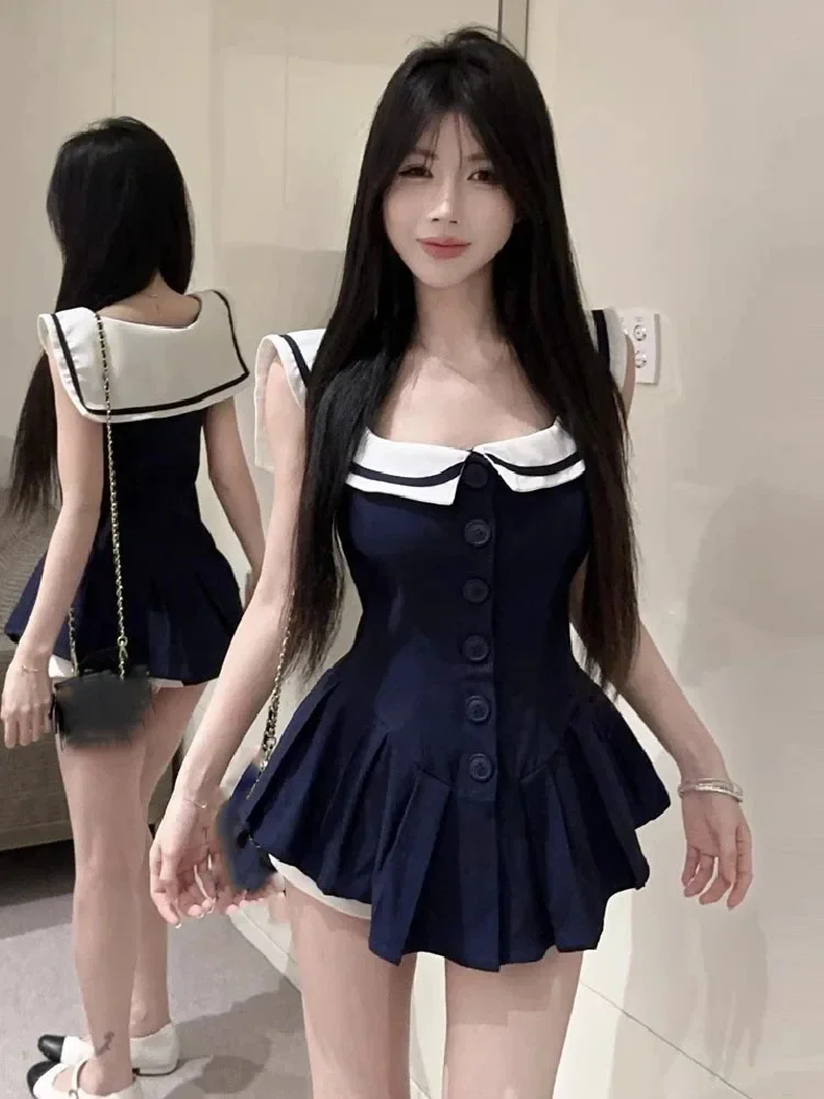 

Милое платье без рукавов контрастного цвета с матросским воротником, женское лоскутное платье Y2k, эстетические платья, однобортное плиссированное платье для девочек