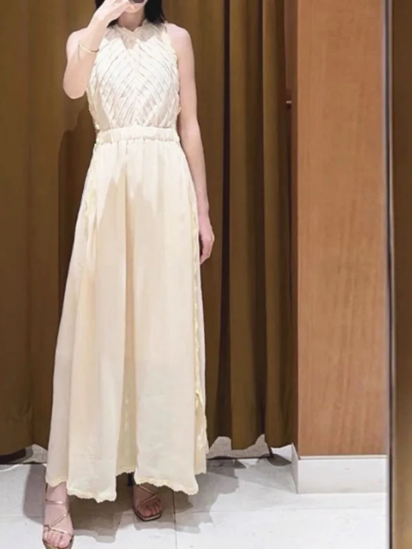 

Quali S Home Lace Patchwork Linen Blend Pleated Long Svel Waist Cinched Dr Vaion Dr Summer A-Line Skirt