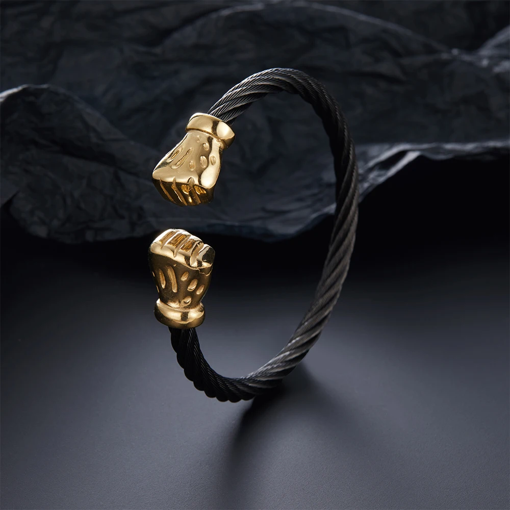 316L Stainless Steel 18K Gold Plated Boxing Glove Twisted Wire Open Cuff Bracelet Sport Strength Bangle Jewelry For Men Women