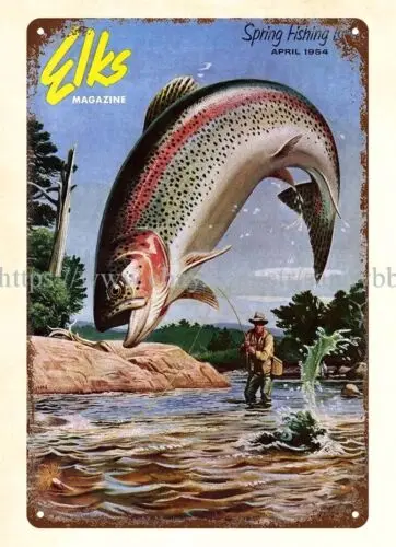 1954 magazine cover fishing trout metal tin sign accent wall decor
