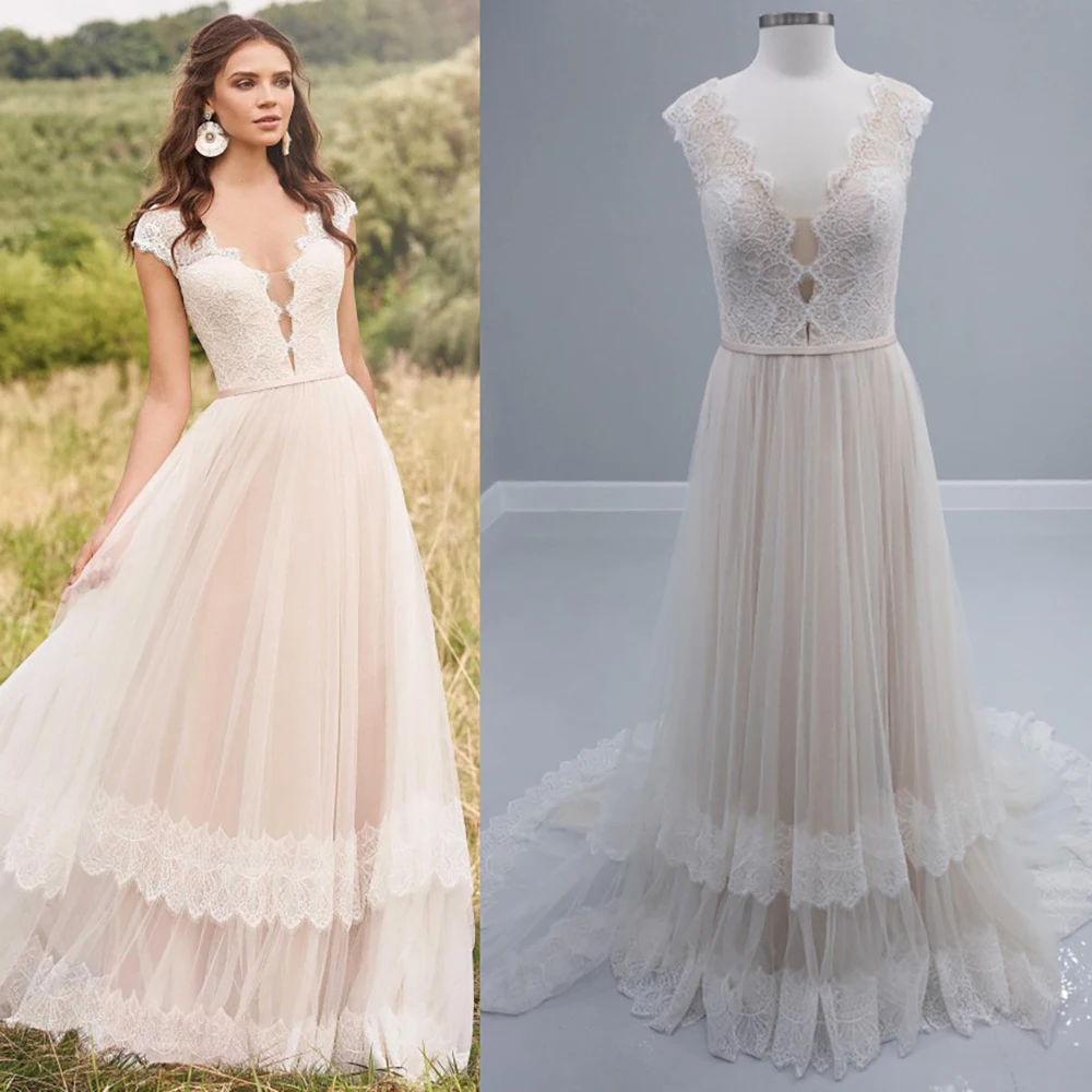 Chantilly Lace A Line Fitted Boho Bridal Gowns V Neck Capped Sleeves Illusion Back Buttons Customized Tiered Lace Wedding Dress