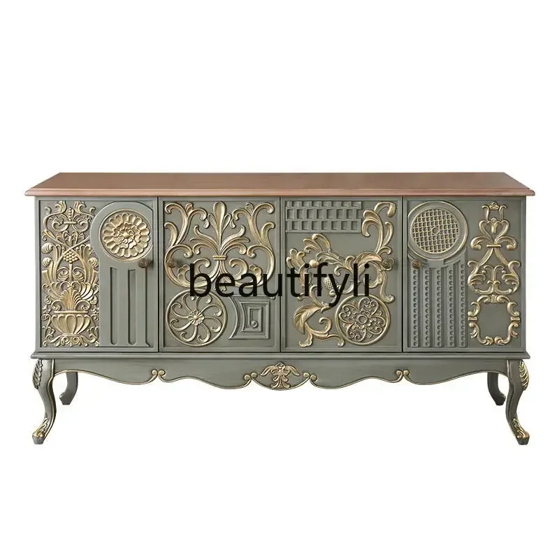 French retro solid wood dining side cabinet neoclassical entrance door entrance cabinet carved