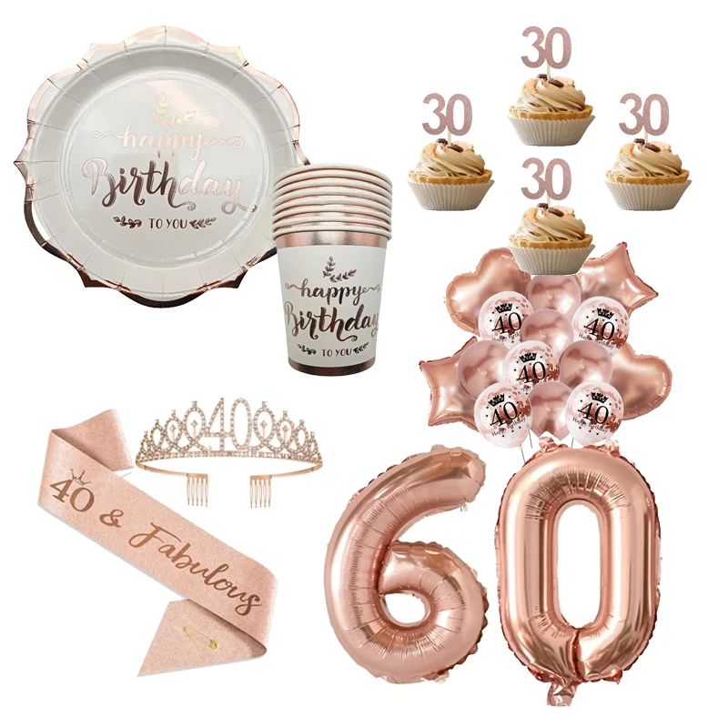 30 40 50 60 Years Old Rose Gold Disposable Cutlery Birthday Napkins Adult Happy Birthday Party Anniversary Decoration Supplies