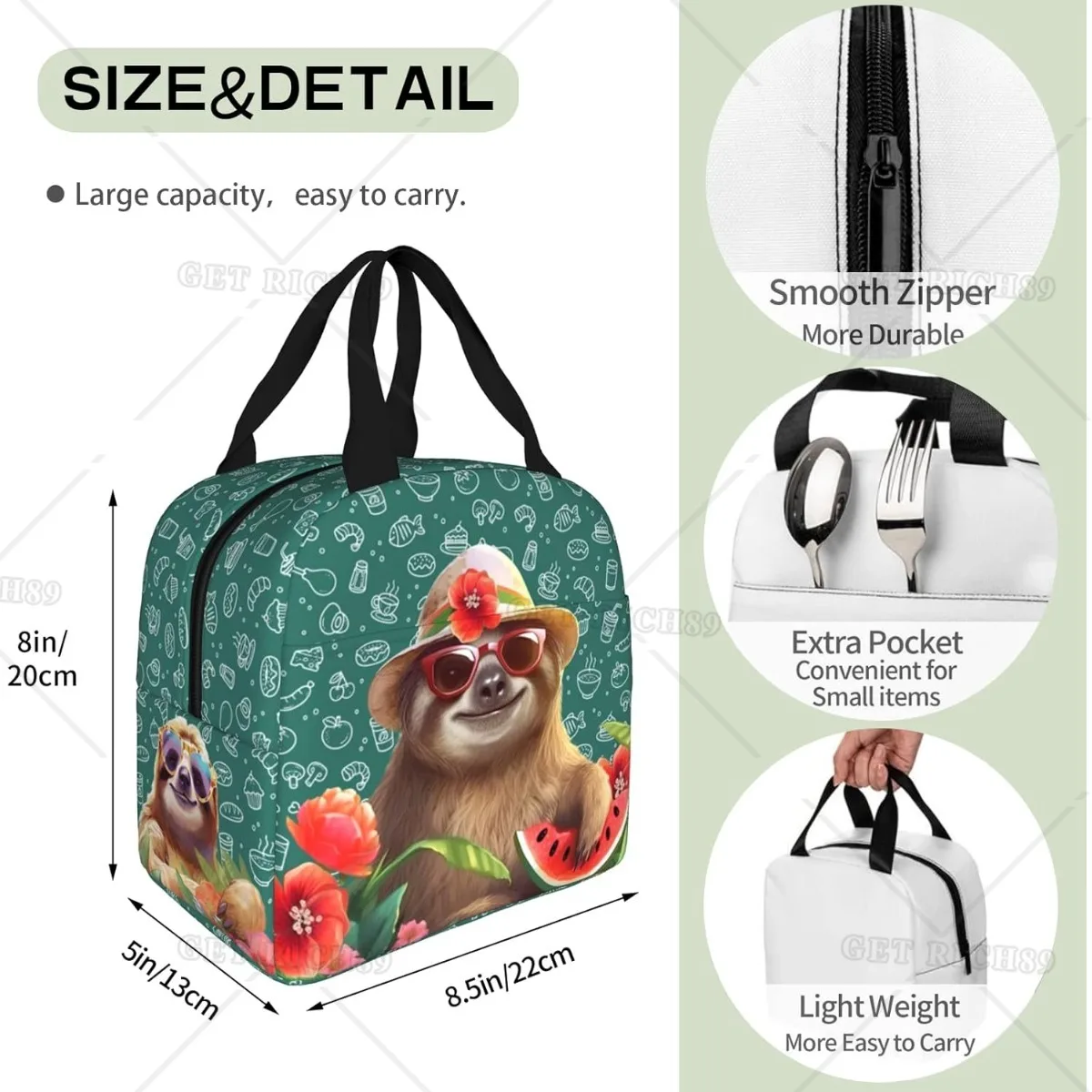 Cute Sloth and Watermelon Pizza Lunch Bag for Women Men Kids Reusable Insulated Cooler Bag Portable Lunch Box for Picnic Beach