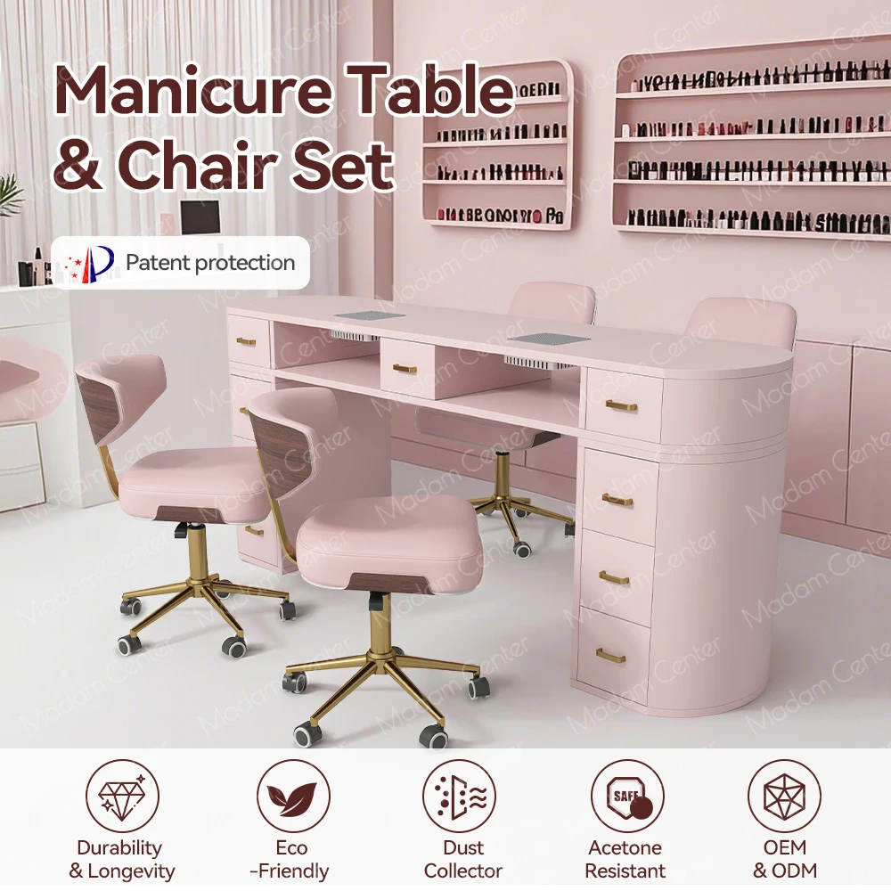 Madamcenter Professional Luxury Modern Double Manicurists Nail Salon Table with Multi Storage Dust Collector Easy Clean Features