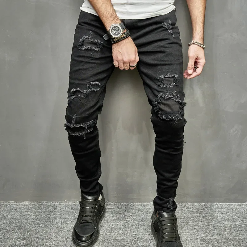 

Men's Patchwork Frayed Jeans Black Classic Fashion Skinny Stretch Denim Trousers Male Casual Small Feet Slim Ripped Denim Pants