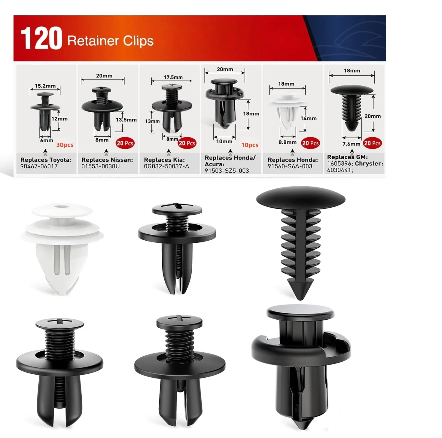 

120PCS Car Retainer Clips Fastener Remover 6mm 7.6mm 8mm 8.8mm10mm Expansion Screws Replacement Kit Bumper Push Rivet Clips