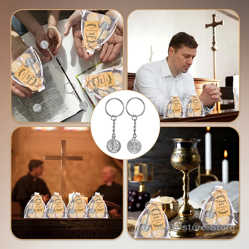 Gantungan Kunci Baptis Dua Sisi Gantungan Kunci Santo Benediktus dengan Kantong Hadiah Organza - 24 set untuk tamu Komuni Pertama