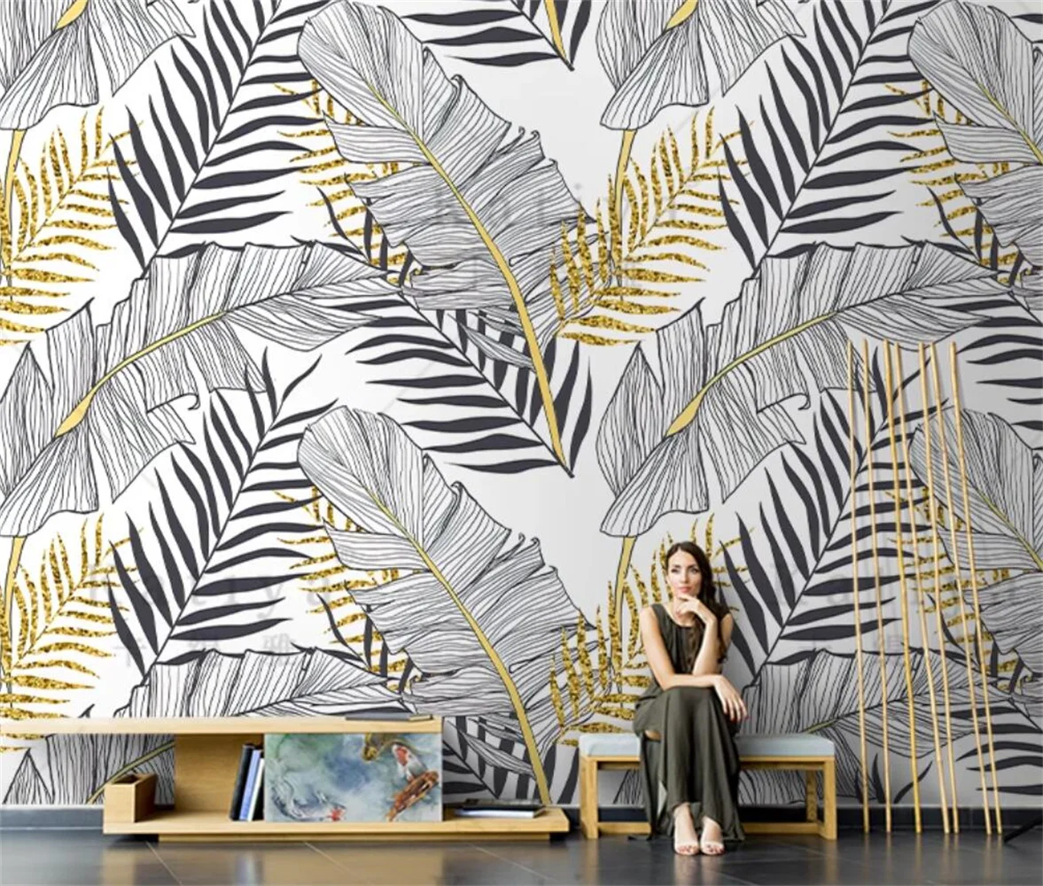 

Southeast Asian luxury leaf hand-painted decoration TV background wall bedroom custom 3d wallpaper mural