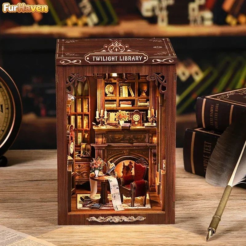 Twilight Library Bookend DIY Wooden Book Nook Shelf Insert Kit With Light Miniature Model Kits Bookshelf for Friends Gifts