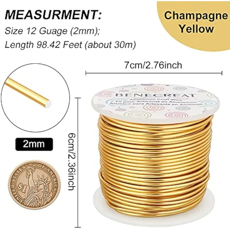 12 17 18 Gauge Aluminum Wire (12 Gauge,100FT) Anodized Jewelry Craft Making Beading Floral Colored Aluminum Craft Wire - Gold