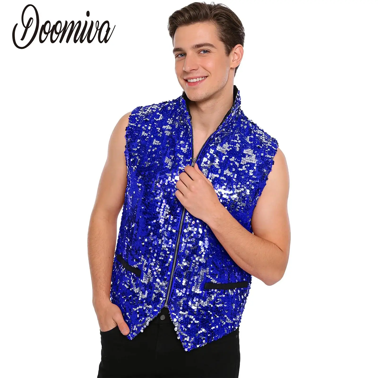 

Men Sequin Disco Waistcoat Jazz Latin Cha-cha Dance Shiny Vest Sleeveless Zip-up Fully Lined Tank Top for Club Party Stage Dance