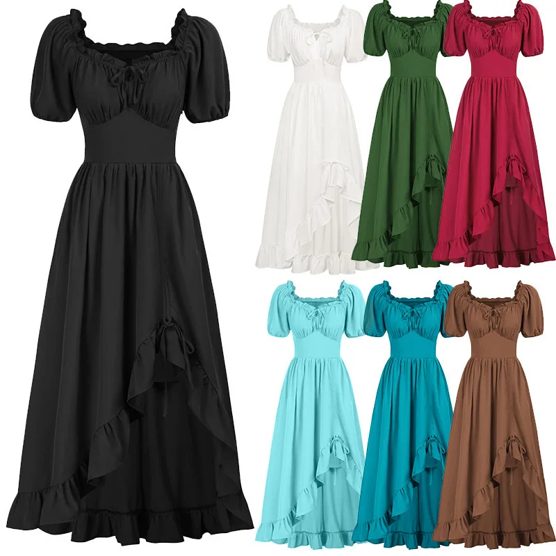 Abito da donna a corsetto attillato stile Renaissance Cottagecore, monospalla, plissettato, lunghezza media, da sera, da principessa
