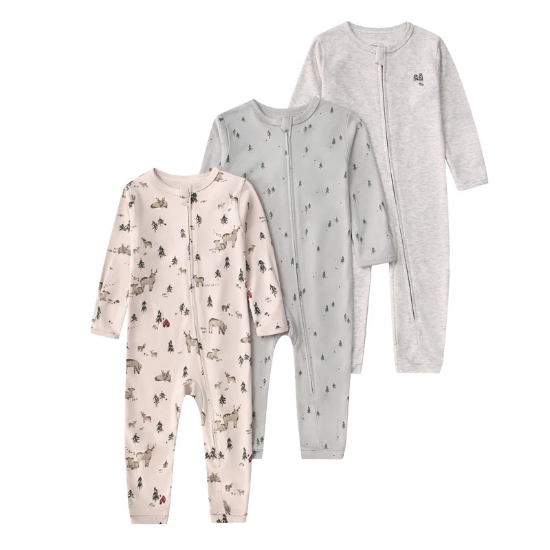IYEAL Baby Zipper Romper 3 Pack, Floral Print & Solid Color Long Sleeve  Jumpsuit, Soft Newborn Infant Cotton Sleepwear
