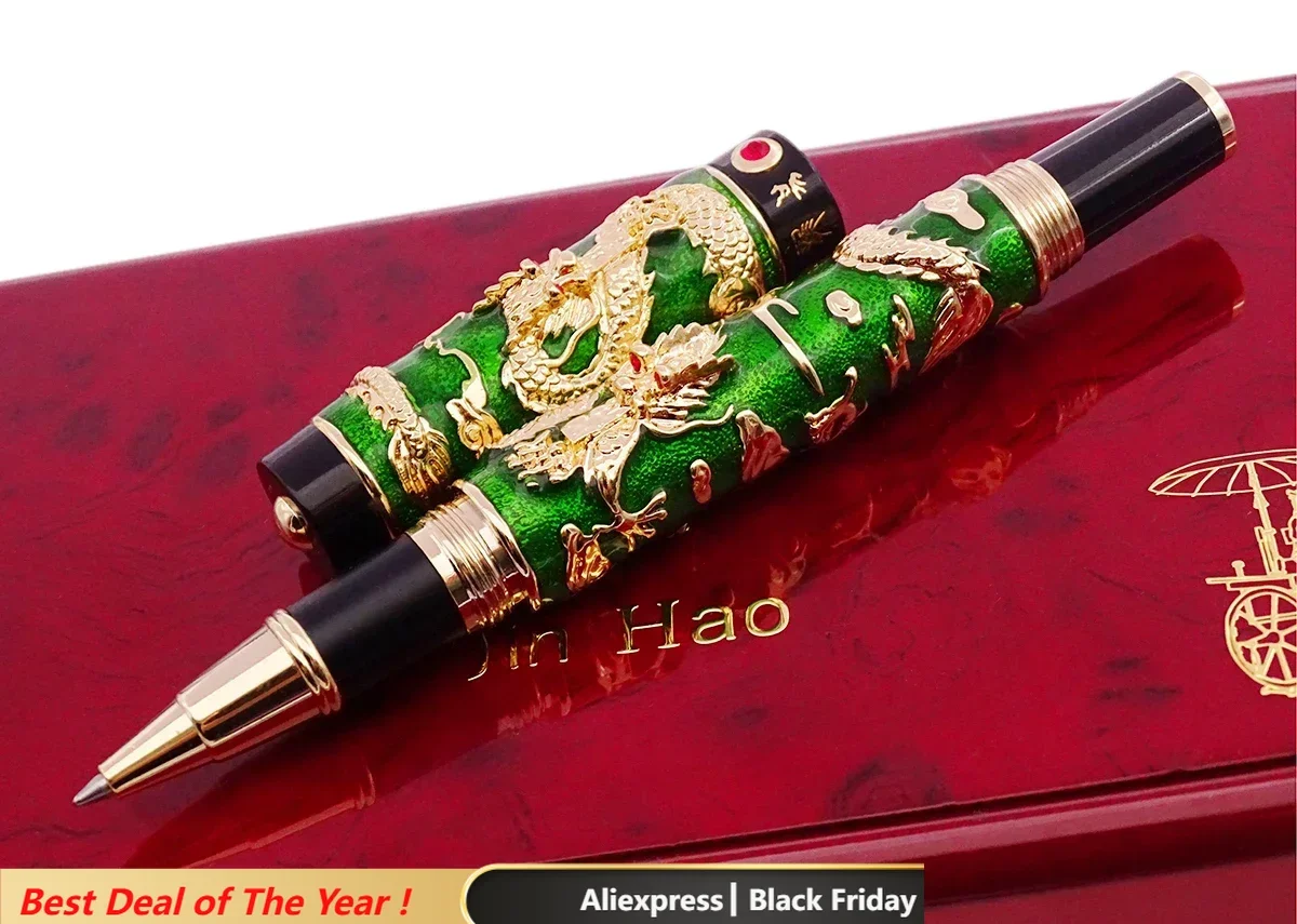 Luxury  Handmade Jinhao Roller Ball Pen, Green Cloisonne Double Dragon Pen Advanced Craft Writing Gift Pen for Business Graduate