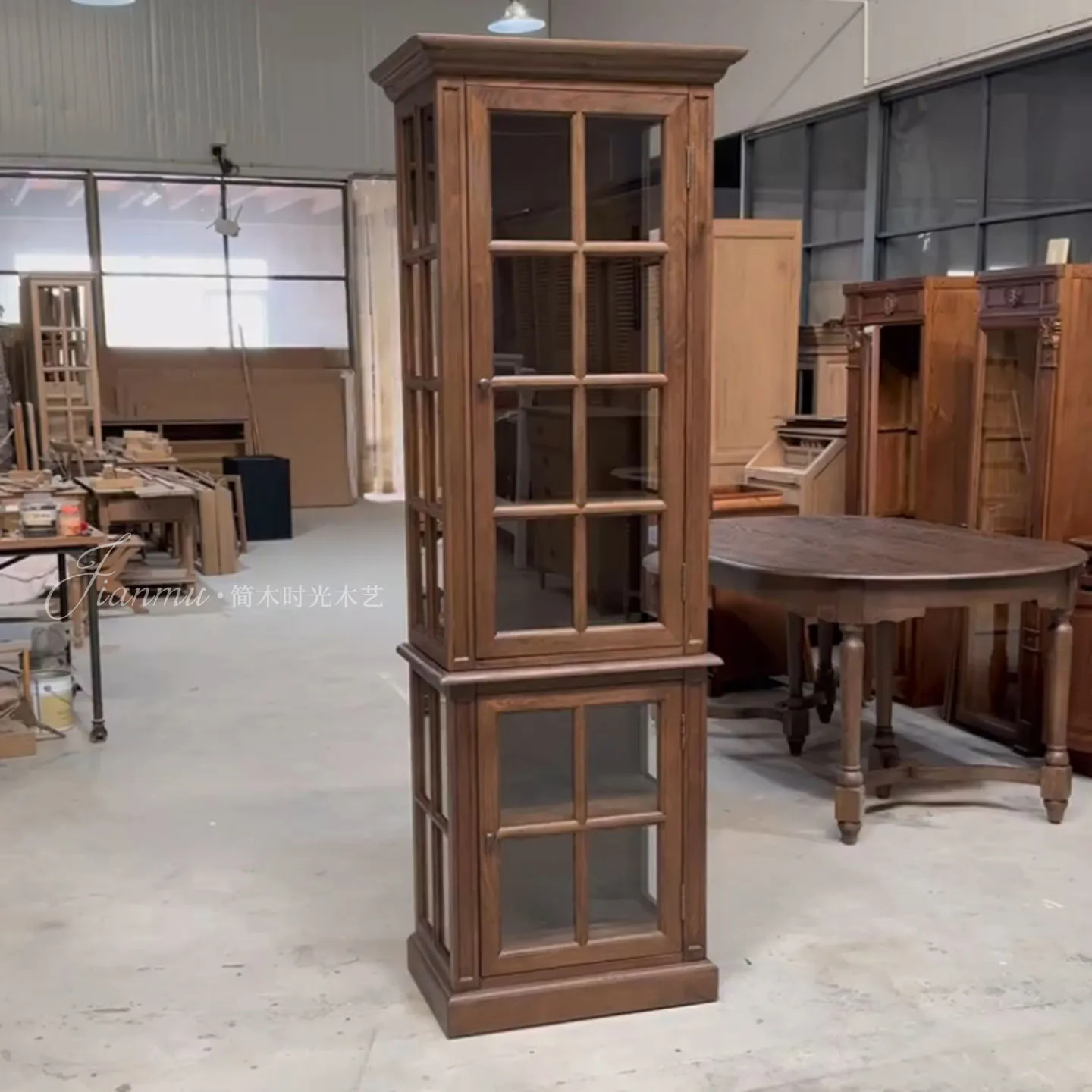 

French retro solid wood wine cabinet, living room wall display cabinet, antique home glass door storage wine cabinet
