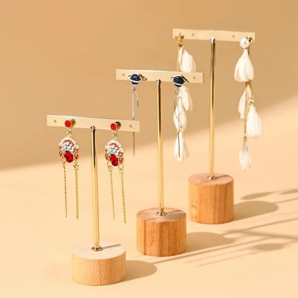 

Quality T-Bar Jewelry Display Rack With Wooden Base Desktop Earring Display Stand Photography Props Jewelry Stand Holder Earring