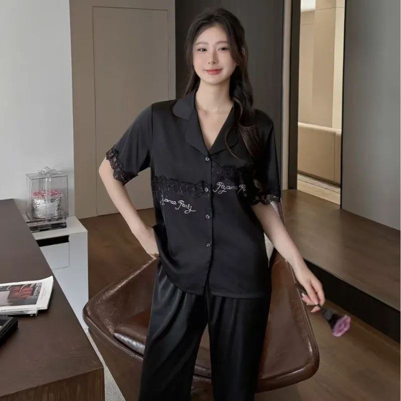26 Spring Summer Women Ice Silk Pajamas 2piece Set Short Sleeve Pants Rhinestones High-end Luxury Lace Nightgown Sleepwear