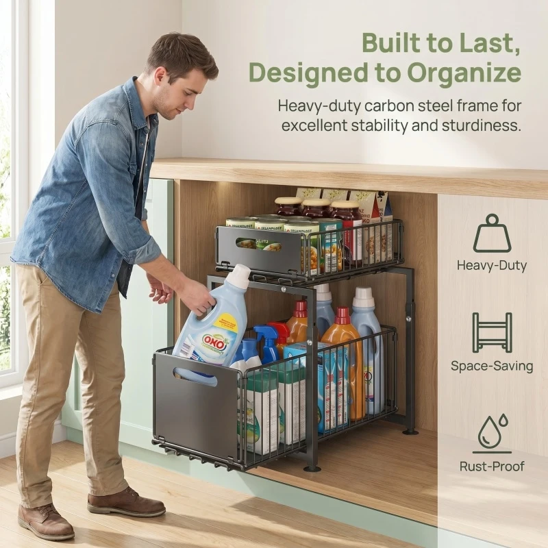 

2 Tier Pull Out Cabinet Organizer Adjustable Under Sink Storage Rack Slide Out Drawer Kitchen Spice Jar Storage Shelf