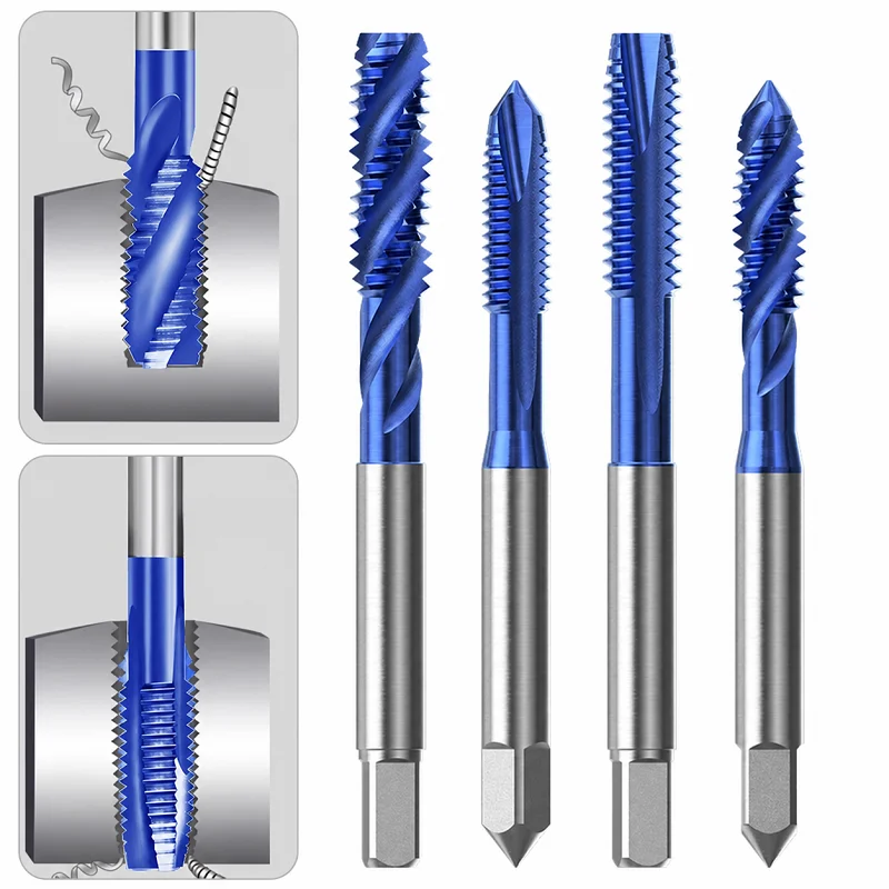 1Pc M2-M12 HSS-Co Blue Coated Machine Tap Spiral Point or Spiral Flute Metric Thread Tap for Stainless Steel Metalworking