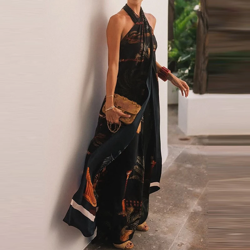 

Sexy Hollow Bohemian Set Casual Sleeveless Long Halter Vest&Wide Leg Pants Suit Vintage Pattern Printed Vacation 2 Piece Outfits
