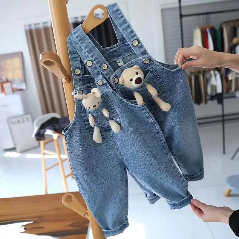 Baby Girls Jeans Pants Spring and Autumn Children\'s Denim Pants Boys and Girls Casual Denim Strap Pants 0-6 Years