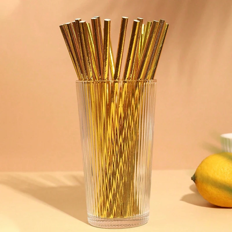 25pcs Solid Color Paper Straws - Disposable Drinking Gold Straws For Birthday, Anniversary, Wedding, For Restaurants/Cafes