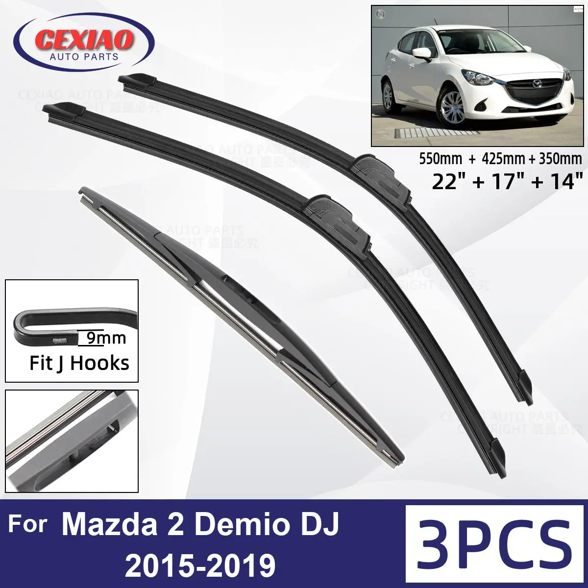 

For Mazda 2 Demio DJ 2015 - 2019 Car Front Rear Wiper Blades Soft Rubber Windscreen Wipers Auto Windshield 22"+17"+14" 2017 2018