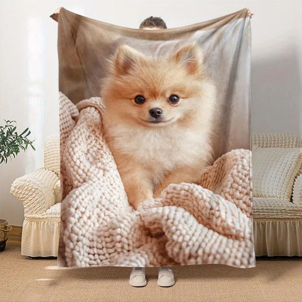 1pc  Cute Pomeranian Dog Print Flannel Throw Blanket Soft Warm Cozy Blanket for Home Living Room Bedroom Sofa Couch