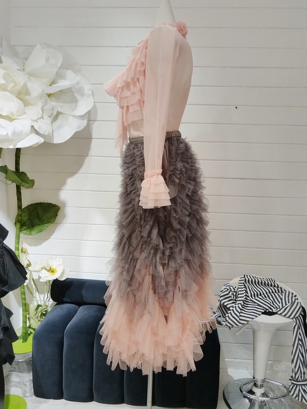 Schlankmachender Effekt Street Sle Stehkragen Mehrlagiger Saum Chiffon-Kleid Damen Luxuriöses Blumenmuster Langes Freizeitkleid