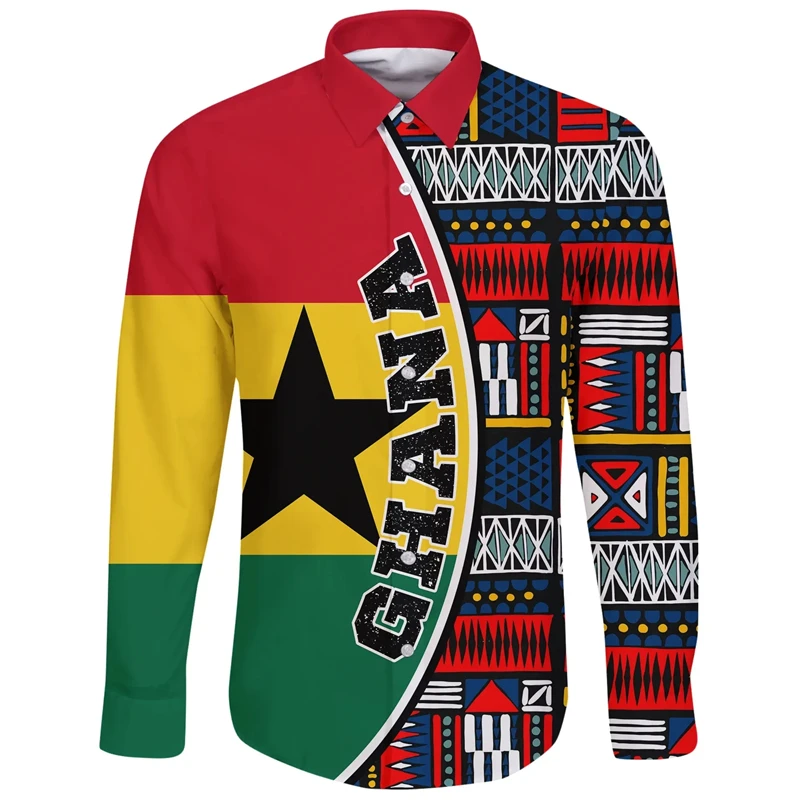 

Ghana Flag Map Graphic Long Sleeve Shirts For Men Clothes GHA National Emblem Lapel Blouse Casual Male Shirt Button Blouses Tops