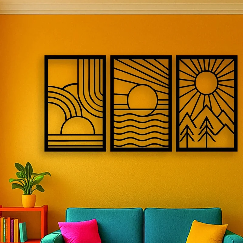 

Minimalist Nature Triptych Wall Art, Boho Abstract Landscape Set, 3 Panel Wood Line Art, Mid Century Modern Decor