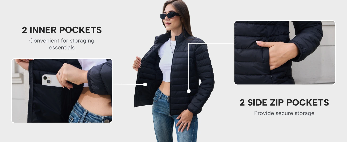 TACVASEN Winter Quilted Puffer Jackets Womens Lightweight Stand Collar Full Zip Up Down Coat Windproof 4 Pockets Thermal Outwear